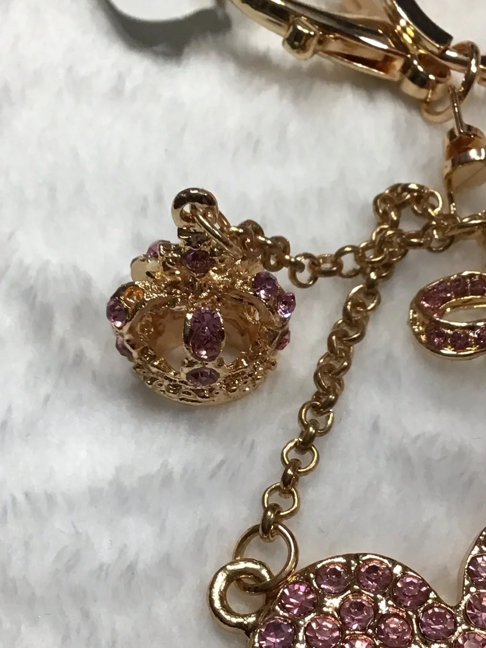 Gold-Tone Pink Crystal Flower Keychain with Bow Charm